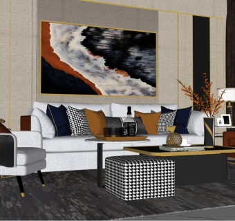 现代轻奢客厅沙发茶几装饰画盆栽花瓶窗帘抱枕台灯花卉摆件