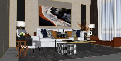 现代轻奢客厅沙发茶几装饰画盆栽花瓶窗帘抱枕台灯花卉摆件