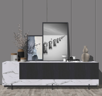 现代简约电视柜摆件组合装饰画盆栽花瓶相机书籍景墙