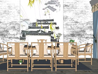 新中式茶室茶桌单椅边几边柜茶具盆栽太师椅景墙屏风窗帘摆件盆栽绿植茶具