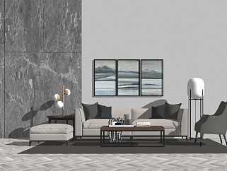 现代客厅沙发茶几组合台灯角几落地灯台灯装饰画景墙...