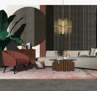 现代客厅茶几布艺沙发组合吊灯盆栽摆件装饰画景墙窗帘角几单人沙发