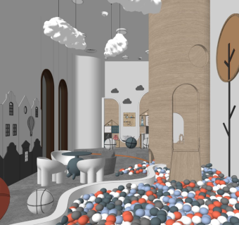 现代儿童活动区滑梯吊灯景墙桌椅雕塑