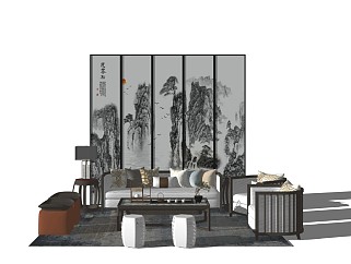 新中式客厅<em>山水画</em>屏风沙发坐凳