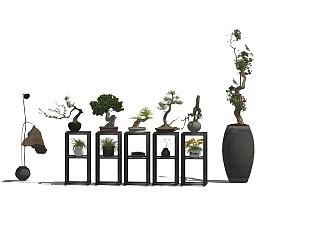 精品中式盆景花架盆栽植物su模型集合