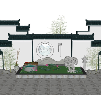 新中式庭院景观徽派马头墙禅意景墙月亮门水景荷花水池太湖石景观石片石假山山水画石灯雕塑水井