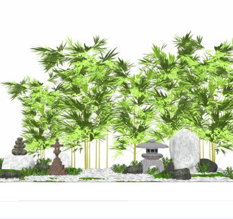 日式庭院景观枯山水石灯假山景观石塔灯卵石3d植物竹子