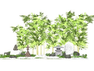 日式庭院景观枯山水石灯假山景观石塔灯卵石3d植物竹子