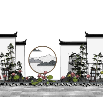 新中式庭院景观徽派建筑马头墙竹子中式月亮门片石假山景墙水池水景荷花莲花卵石碎石
