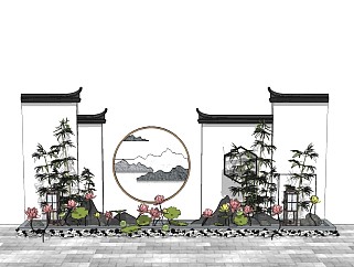 新中式庭院景观徽派建筑马头墙竹子中式月亮门片石假山...