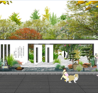 新中式景墙片石假山景观石水景雕塑禅意小品拴马桩石狮子中国字画月亮门栏栅隔断喷泉盆栽植物