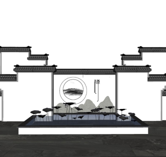 新中式庭院景观景墙隔断徽派建筑马头墙中式月亮门片石假山景墙水池水景荷花雕塑