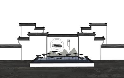 新中式庭院景观景墙隔断徽派建筑马头墙中式月亮门片石假山景墙水池水景荷花雕塑