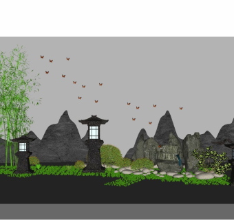 中式庭院景观片石假山景墙塔灯石灯景石自然石卵石3d植物竹子