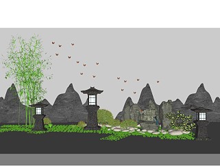 中式庭院景观片石假山景墙塔灯石灯景石自然石卵石3d植物竹子