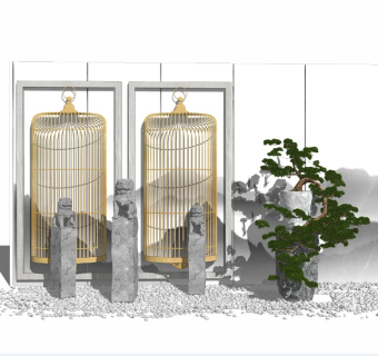 中式庭院景观拴马桩灯笼石狮子景墙山水画隔断鸟笼景观石卵石