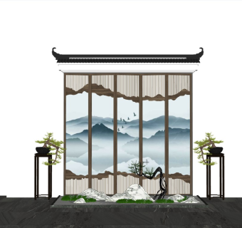 中式庭院景观禅意中式景墙徽派马头墙片石假山景观石卵石隔断阑珊盆栽盆景山水画水墨画装饰画