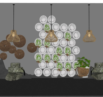 中式庭院景观景墙吊灯禅意摆件盆栽片石假山石磨盘