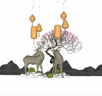 中式庭院景观片石假山景观石动物雕塑小鹿雕塑吊灯灯笼3d植物