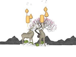 中式庭院景观片石假山景观石动物雕塑小鹿雕塑吊灯灯笼3d植物