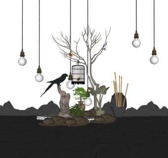 中式庭院景观吊灯片石假山景观石鸟笼3d植物盆栽禅意摆件树