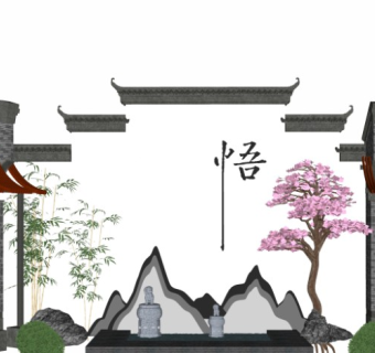 中式庭院景观徽派建筑马头墙景墙片石假山石狮子卵石汀步景石自然石3d植物