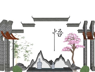 中式庭院景观徽派建筑马头墙景墙片石假山石狮子卵石汀步景石自然石3d植物