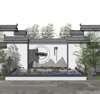 中式景墙徽派马头墙水景竹子植物石狮子雕塑片石假山景石荷花中国画字画石灯草坪灯隔断围墙