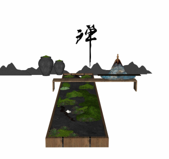 中式庭院景观景墙片石假山花坛装饰画中国画植物雕塑禅意摆件茶几