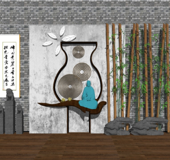 中式庭院景观景墙隔断字画装饰画禅意摆件佛像雕塑假山景石自然石3d植物竹子