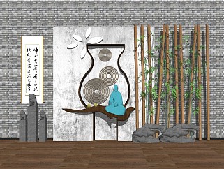 中式庭院景观景墙隔断字画装饰画禅意摆件佛像雕塑假山景石自然石3d植物竹子