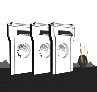 新中式庭院景观景墙徽派建筑马头墙中式月亮门片石假山禅意摆件罐子