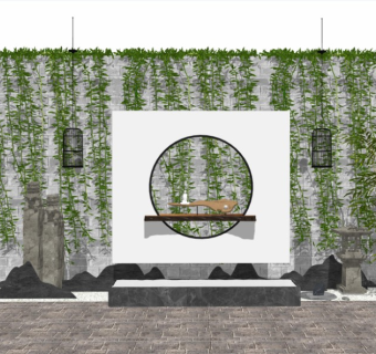 新中式庭院景观中式景墙月亮门禅意摆件水景隔断院墙攀爬植物竹子片石假山景观石卵石