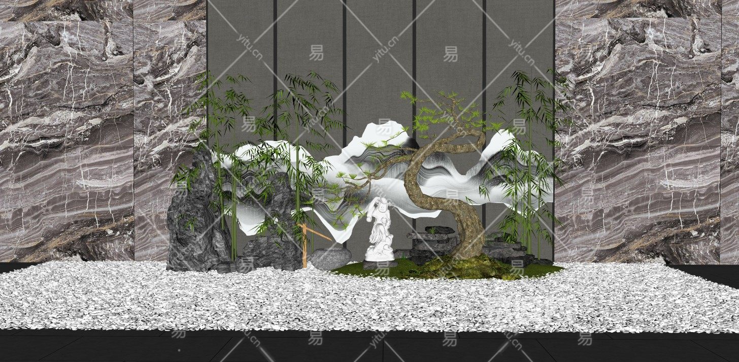 中式庭院景观禅意景墙片石假山景观石卵石雕塑罗汉松禅意摆件3d植物竹子 - 景观规划_庭院景观模型su模型-su模型库-sketchup网