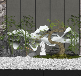 中式庭院景观禅意景墙片石假山景观石卵石雕塑罗汉松禅意摆件3d植物竹子