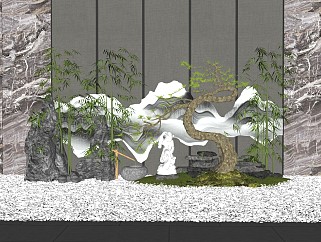中式庭院景观禅意景墙片石假山景观石卵石雕塑罗汉松禅意摆件3d植物竹子