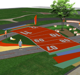 地产居住区儿童活动区旱冰场轮滑场地跷跷板座椅树植物指示牌构置物