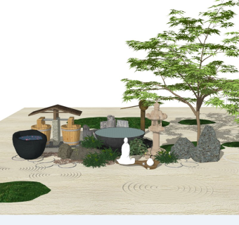 中式庭院景观禅意摆件假山景石佛像雕塑石灯塔灯木水桶水井日式枯山水