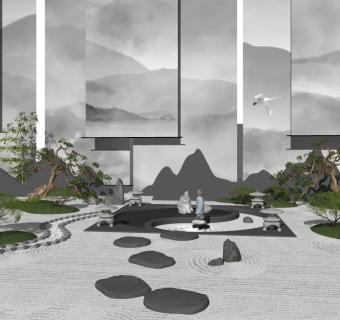 新中式庭院景观太极园艺小品中式景墙隔断山水画水墨画装饰画片石假山景墙日式枯山水雕塑石灯假山汀步卵石罗汉松树竹子叠石