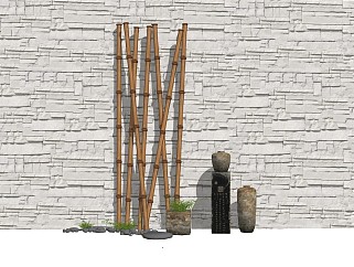 中式庭院景观文化墙景墙竹子罐子盆栽禅意摆件景石