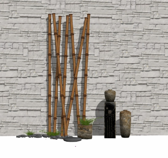 中式庭院景观文化墙景墙竹子罐子盆栽禅意摆件景石