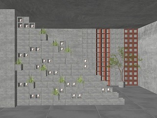现代空心砖景墙围墙隔断背景墙石材雕塑盆栽