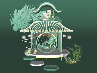 中式古风美陈雕塑景观亭龙雕塑茶具石灯景观植物