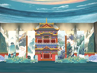 中式古风美陈雕塑古建筑围墙字画中国画屏风