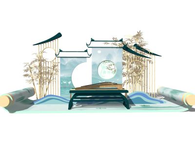 中式古风美陈雕塑古建筑围墙字画中国画屏风节日美陈景墙画卷