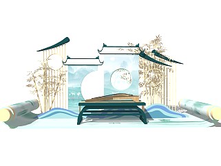 中式古风美陈雕塑古建筑围墙字画中国画屏风节日美陈景墙画卷