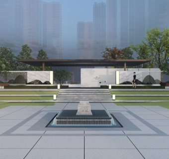 新中式景墙廊架