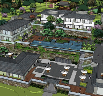 山地度假酒店 坡屋顶 新中式酒店 景观泳池 坡地景观设计