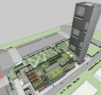 06现代风格城市综合体超高层办公楼商业裙房屋顶绿化屋顶活动场地