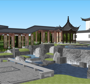 中式示范区景观 叠水 景墙 枯山水